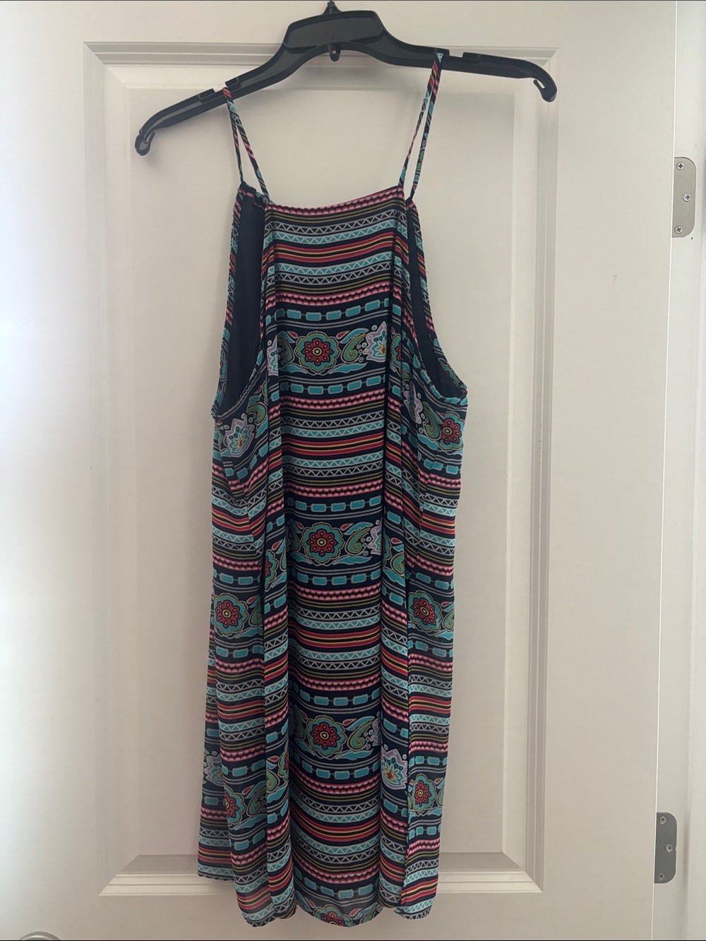 Striped Floral Spaghetti-Strap Midi Dress in Teal & Pink